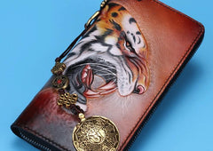 Handmade Leather Tooled Tiger Mens Chain Biker Wallet Cool Leather Wallet Long Clutch Wallets for Men