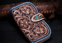 Handmade Leather Tooled Floral Mens Clutch Wallet Cool Wallet Long Wallets for Men Women