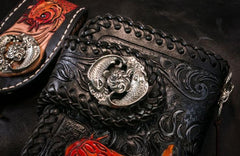 Handmade Leather Carp Mens Tooled Long Chain Biker Wallet Cool Leather Wallet With Chain Wallets for Men