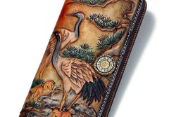 Handmade Leather Mens Clutch Wallet Cool Red-Crowned Crane Tooled Wallet Long Zipper Wallets for Men