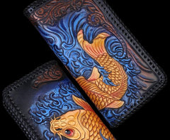 Handmade Leather Mens Clutch Wallet Tooled Cool Carp Wallet Long Zipper Wallets for Men