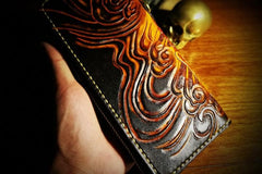 Handmade Leather Mens Tooled Buddha&Demon Chain Biker Wallet Cool Leather Wallet Long Clutch Wallets for Men