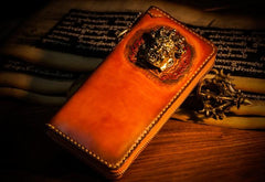 Handmade Leather Tooled Tibetan Mens Chain Biker Wallet Cool Leather Wallet Long Clutch Wallets for Men