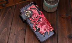 Handmade Mens Cool Tooled Long Carp Leather Chain Wallet Biker Trucker Wallet with Chain