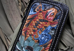 Handmade Leather Carp Mens Tooled Long Chain Biker Wallet Cool Leather Wallet Long Phone Wallets for Men
