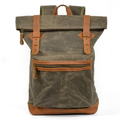 Green Waxed Canvas Leather Mens Cool Backpack Canvas Travel Backpack Canvas School Backpack for Men