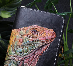 Handmade Leather Chameleon Mens Tooled Chain Zipper Biker Wallet Cool Leather Wallet Long Phone Wallets for Men