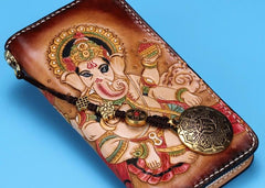 Handmade Leather Mens Clutch Wallet Cool Ganesha Tooled Wallet Long Zipper Wallets for Men