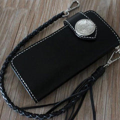 Handmade Leather Mens Cool Long Black Chain Wallet Biker Trucker Wallet with Chain