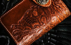 Handmade Leather Tooled Skull Indian Chief Biker Wallet Mens Cool billfold Chain Wallet Trucker Wallet with Chain
