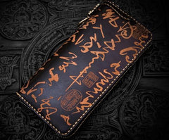 Handmade Leather Mens Chain Chinese Handwriting Biker Wallets Cool Leather Chain Wallet Long Wallets for Men
