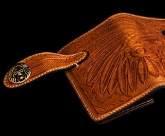 Handmade Leather Skull Indian Chief Tooled Mens billfold Wallet Cool Small Chain Wallet Biker Wallet for Men
