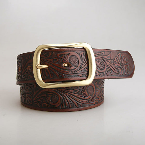 Mens Coffee Brass Leather Belts Floral Pattern Handmade Leather Belt for Men