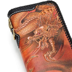 Handmade Leather Tooled Chinese Dragon Mens Chain Biker Wallet Cool Leather Wallet Long Clutch Wallets for Men