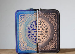 Handmade Genuine Leather Mens Cool Tooled Long Leather Wallet Bifold Clutch Wallet for Men