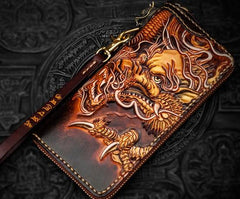 Handmade Leather Tooled Long Chinese Dragon Mens Chain Biker Wallet Cool Leather Wallet With Chain Wallets for Men