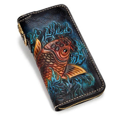 Handmade Leather Carp Mens Tooled Long Chain Biker Wallet Cool Leather Wallet Long Phone Wallets for Men