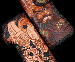 Handmade Mens Cool Tooled Long Zhong Kui demon Leather Chain Wallet Biker Trucker Wallet with Chain