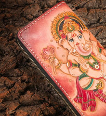 Handmade Leather Mens Clutch Wallet Tooled Cool Ganesha Wallet Long Zipper Wallets for Men