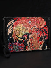 Black Handmade Tooled Leather Mahākāla Clutch Wallet Wristlet Bag Clutch Purse For Men