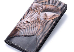 Handmade Leather Zebra Tooled Long Mens Chain Biker Wallet Cool Leather Wallet With Chain Wallets for Men