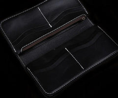 Handmade Leather Mens Cool Long Black Obsidian Chain Wallet Biker Trucker Wallet with Chain