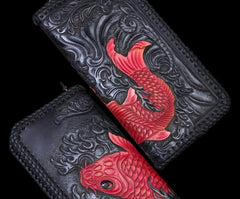 Handmade Leather Mens Clutch Wallet Tooled Cool Carp Wallet Long Zipper Wallets for Men