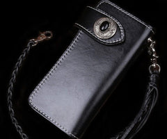 Handmade Leather Mens Cool Long Black Obsidian Chain Wallet Biker Trucker Wallet with Chain