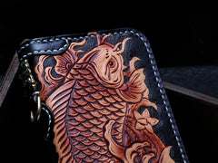Handmade Leather Tooled Carp Mens Tooled Chain Biker Wallet Cool Leather Wallet Zipper Long Phone Wallets for Men