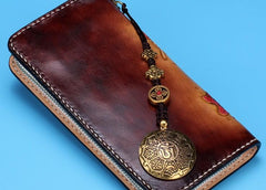 Handmade Leather Mens Clutch Wallet Cool Ganesha Tooled Wallet Long Zipper Wallets for Men