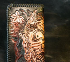 Handmade Leather Mens Clutch Wallet Tooled Cool Buddha Wallet Long Zipper Wallets for Men