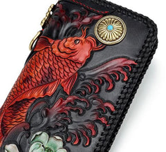 Handmade Leather Tooled Carp Prajna Mens Chain Biker Wallet Cool Leather Wallet Zipper Long Phone Wallets for Men