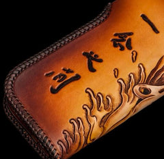 Handmade Leather Tooled Buddha&Demon Mens Long Chain Biker Wallet Cool Leather Wallet With Chain Wallets for Men