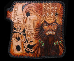 Handmade Mens Cool Tooled Long Zhong Kui demon Leather Chain Wallet Biker Trucker Wallet with Chain