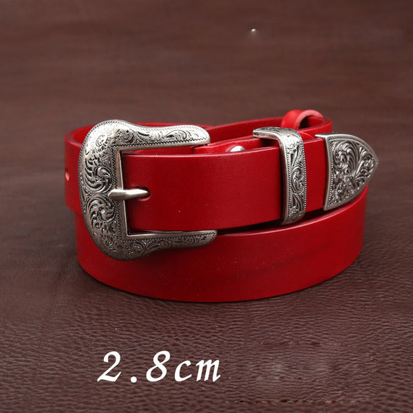 Handmade Red Slim Leather Belt Floral-Embossed Western Womens Silver Leather Belt for Womens