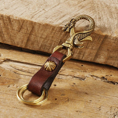 Brown Handmade Chinese Dragon Leather Brass Keyring Moto KeyChain Leather Keyring Moto Cross Key Holders Key Chain for Men