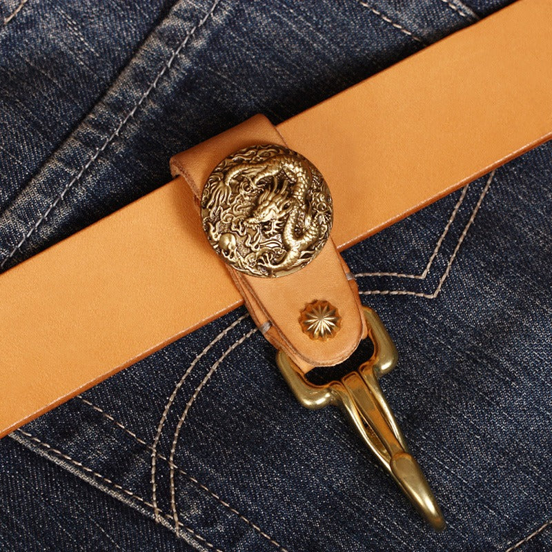 Handmade Leather Belt Loop Keychain Belt Clip Chinese Dragon Leather Keyrings Fob KeyChain for Men