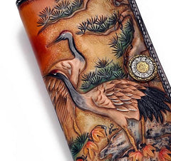 Handmade Leather Mens Clutch Wallet Cool Red-Crowned Crane Tooled Wallet Long Zipper Wallets for Men