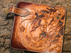 Handmade Leather Mens Cool Tooled Long Prajna Chain Wallet Biker Trucker Wallet with Chain