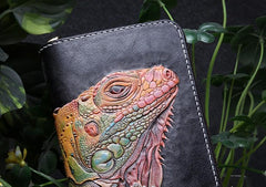 Handmade Leather Chameleon Mens Tooled Chain Zipper Biker Wallet Cool Leather Wallet Long Phone Wallets for Men