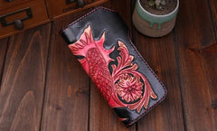 Handmade Mens Cool Tooled Long Carp Leather Chain Wallet Biker Trucker Wallet with Chain