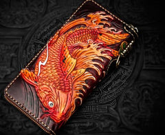 Handmade Leather Tooled Carp Mens Biker Chain Wallet Cool Leather Wallet Long Chain Wallets for Men