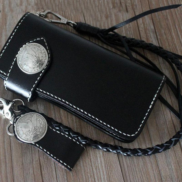 Handmade Leather Mens Cool Long Black Chain Wallet Biker Trucker Wallet with Chain