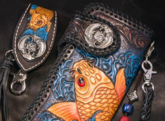 Handmade Leather Carp Mens Tooled Chain Long Biker Wallet Cool Leather Wallet With Chain Wallets for Men