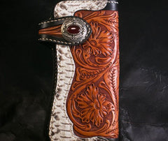 Handmade Mens Cool Tooled Long Boa Skin Floral Leather Chain Wallet Biker Trucker Wallet with Chain