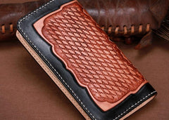 Handmade Leather Mens Clutch Wallet Cool Kylin Tooled Wallet Long Zipper Wallets for Men