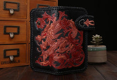 Handmade Mens Cool Tooled Long Chinese Dragon Leather Chain Wallet Biker Trucker Wallet with Chain