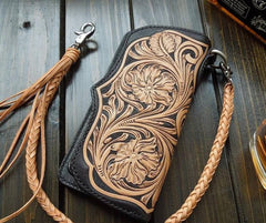 Handmade Leather Biker Wallet Tooled Floral Mens Cool Chain Wallet Trucker Wallet with Chain