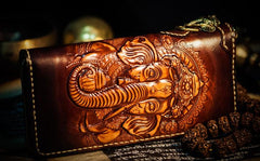 Handmade Leather Tooled Ganesh Mens Chain Biker Wallet Cool Leather Wallet Zipper Long Phone Wallets for Men