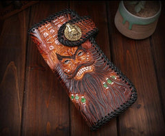 Handmade Mens Cool Tooled Long Zhong Kui demon Leather Chain Wallet Biker Trucker Wallet with Chain